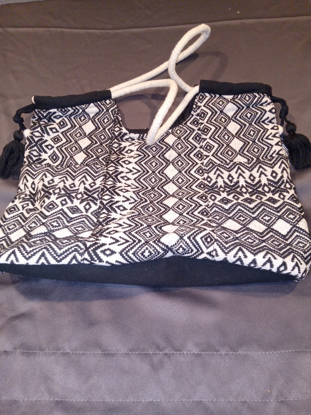 Black & White Geometric Shoulder Bag with Rope Straps